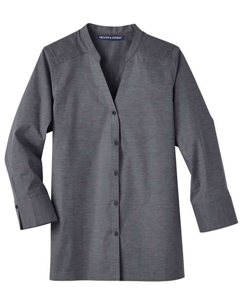 Women's Crown Collection® Stretch Pinpoint Chambra Three-Quarter Sleeve Shirt - Black Front