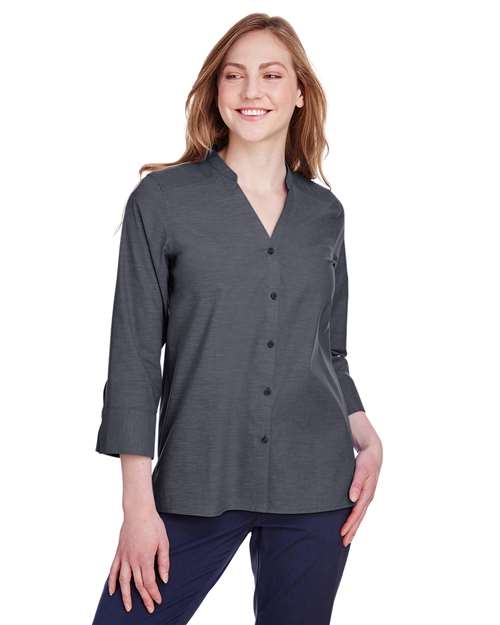Devon & Jones Women's Crown Collection® Stretch Pinpoint Chambra Three-Quarter Sleeve Shirt - Model Front