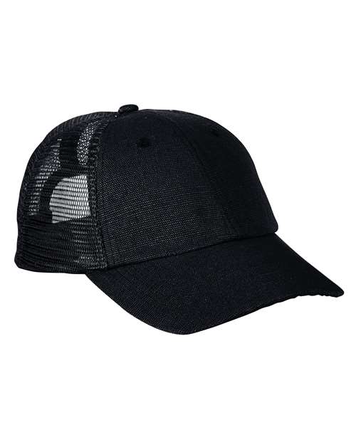 Washed Hemp Soft Mesh Trucker Cap - Black/ Black Front
