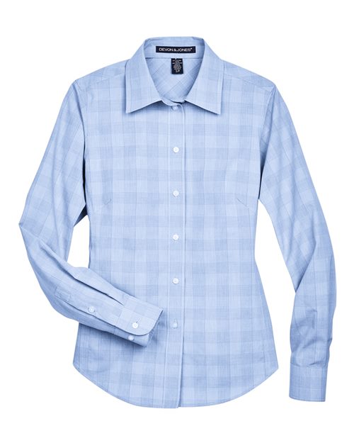 Women's Crown Collection® Glen Plaid Woven Dress Shirt - White/ Light French Blue/ French Blue Front