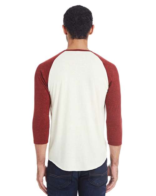 Unisex Triblend Three-Quarter Sleeve Raglan T-Shirt - Cream/ Cardinal Black Triblend Back