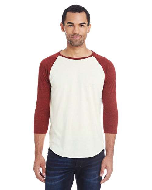 Unisex Triblend Three-Quarter Sleeve Raglan T-Shirt - Cream/ Cardinal Black Triblend Front