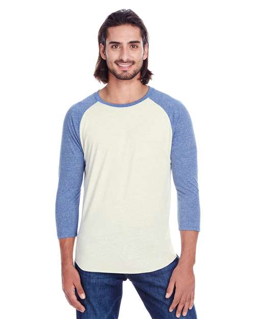 Unisex Triblend Three-Quarter Sleeve Raglan T-Shirt - Cream/ Navy Triblend Front