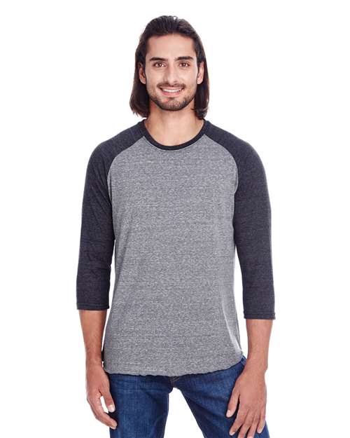 Unisex Triblend Three-Quarter Sleeve Raglan T-Shirt - Grey/ Black Triblend Front