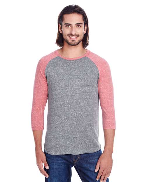 Unisex Triblend Three-Quarter Sleeve Raglan T-Shirt - Grey/ Red Triblend Front