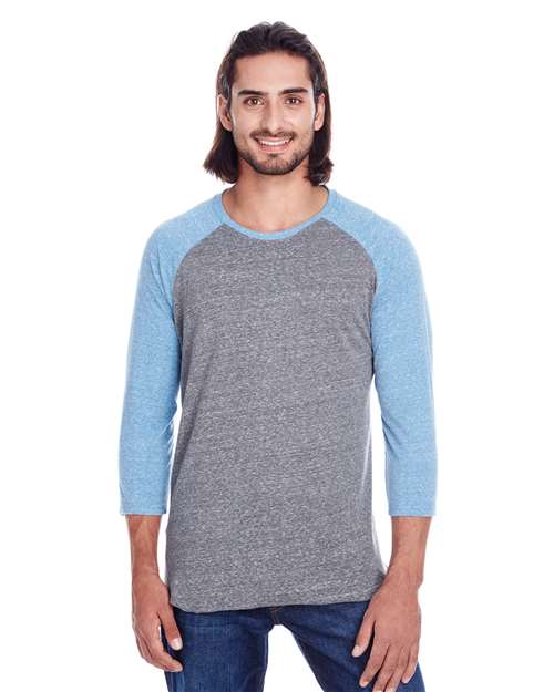 Unisex Triblend Three-Quarter Sleeve Raglan T-Shirt - Grey/ Royal Triblend Front