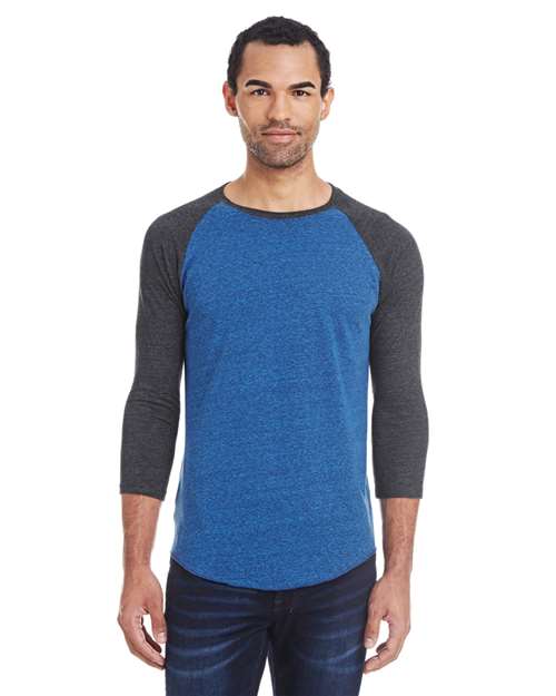 Unisex Triblend Three-Quarter Sleeve Raglan T-Shirt - Royal Black/ Black Triblend Front