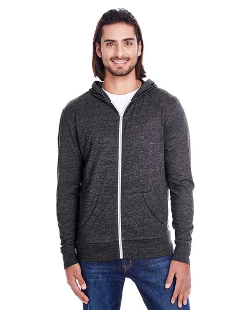 Unisex Triblend Full-Zip Lightweight Hooded Sweatshirt - Black Triblend Front