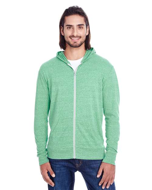Unisex Triblend Full-Zip Lightweight Hooded Sweatshirt - Green Triblend Front