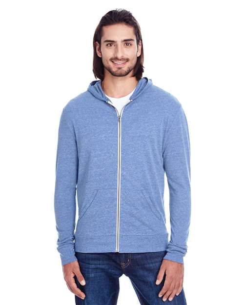 Unisex Triblend Full-Zip Lightweight Hooded Sweatshirt - Navy Triblend Front