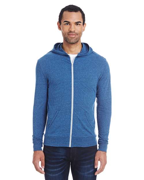 Unisex Triblend Full-Zip Lightweight Hooded Sweatshirt - Royal Black Triblend Front