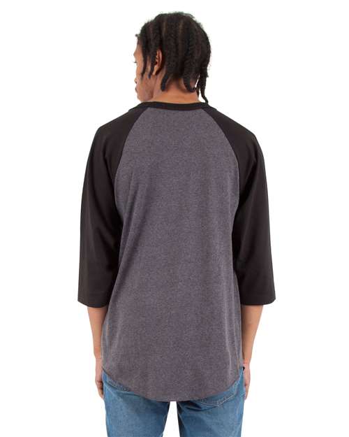 Unisex Raglan Three-Quarter Sleeve T-Shirt - Charcoal Grey Heather/ Black Back