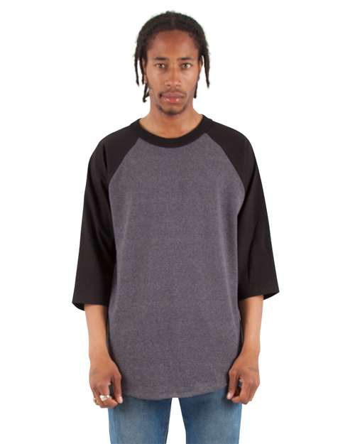 Unisex Raglan Three-Quarter Sleeve T-Shirt - Charcoal Grey Heather/ Black Front