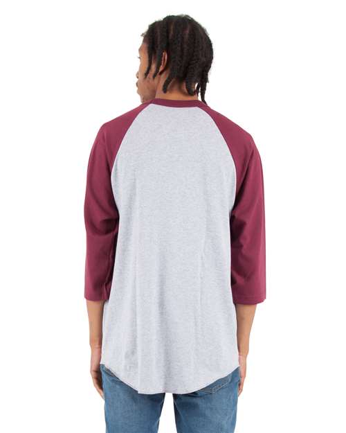 Unisex Raglan Three-Quarter Sleeve T-Shirt - Heather Grey/ Burgundy Back
