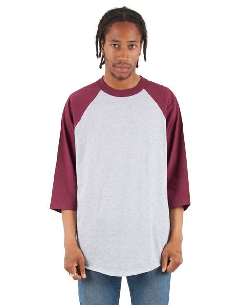 Unisex Raglan Three-Quarter Sleeve T-Shirt - Heather Grey/ Burgundy Front