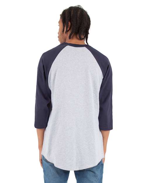 Unisex Raglan Three-Quarter Sleeve T-Shirt - Heather Grey/ Navy Back