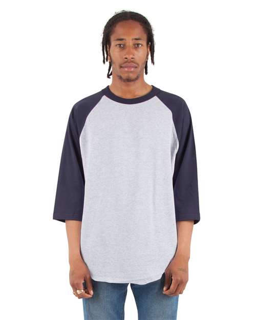 Unisex Raglan Three-Quarter Sleeve T-Shirt - Heather Grey/ Navy Front