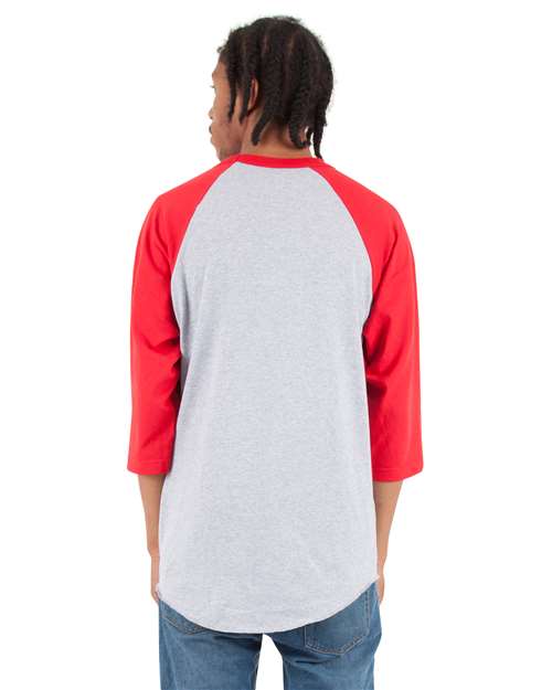 Unisex Raglan Three-Quarter Sleeve T-Shirt - Heather Grey/ Red Back