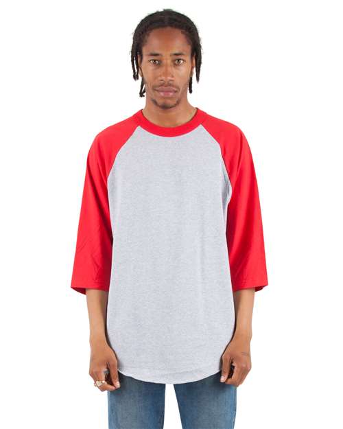 Unisex Raglan Three-Quarter Sleeve T-Shirt - Heather Grey/ Red Front