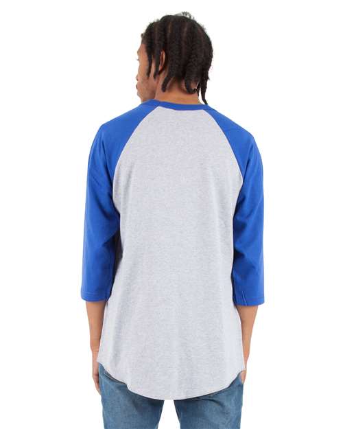 Unisex Raglan Three-Quarter Sleeve T-Shirt - Heather Grey/ Royal Back