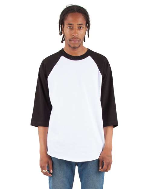 Unisex Raglan Three-Quarter Sleeve T-Shirt - White/ Black Front