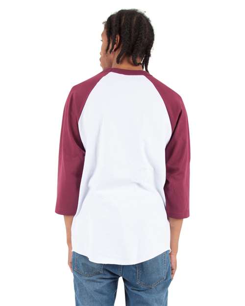 Unisex Raglan Three-Quarter Sleeve T-Shirt - White/ Burgundy Back