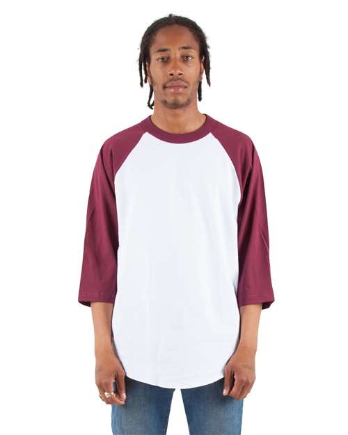 Unisex Raglan Three-Quarter Sleeve T-Shirt - White/ Burgundy Front