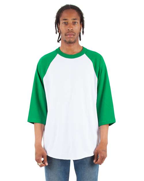Unisex Raglan Three-Quarter Sleeve T-Shirt - White/ Kelly Green Front
