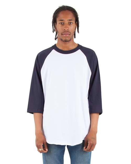 Unisex Raglan Three-Quarter Sleeve T-Shirt - White/ Navy Front