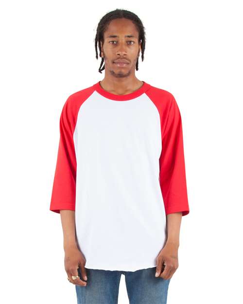 Unisex Raglan Three-Quarter Sleeve T-Shirt - White/ Red Front