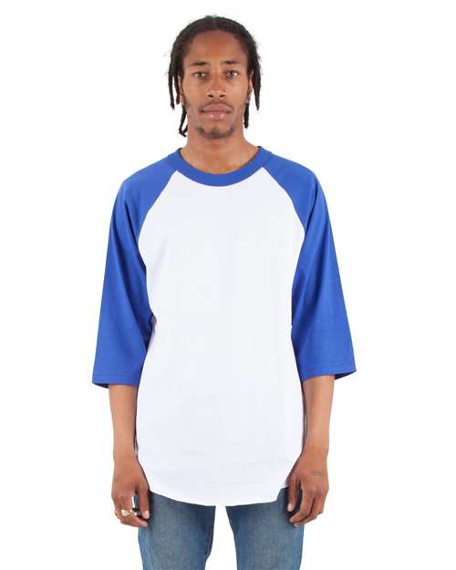 Unisex Raglan Three-Quarter Sleeve T-Shirt - White/ Royal Front