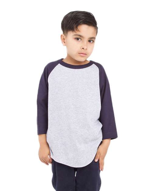 Youth Three-Quarter Sleeve Raglan - Heather Grey/ Navy Front