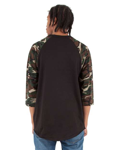 Unisex Three-Quarter Sleeve Camo Raglan T-Shirt - Black/ Camo Green Back