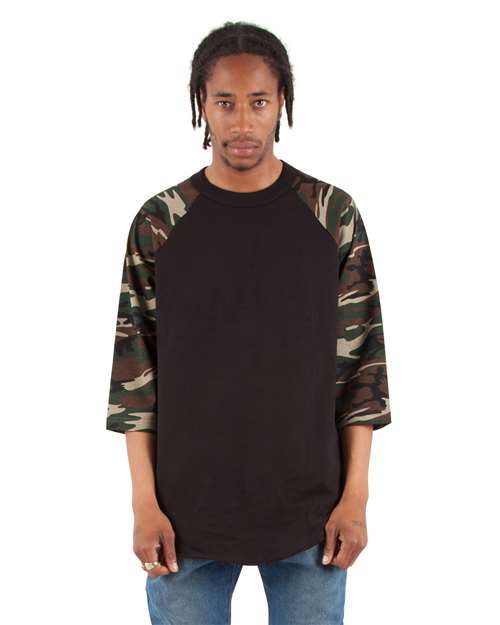 Unisex Three-Quarter Sleeve Camo Raglan T-Shirt - Black/ Camo Green Front