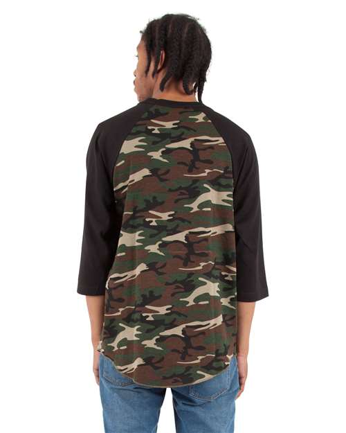 Unisex Three-Quarter Sleeve Camo Raglan T-Shirt - Camo Green/ Black Back
