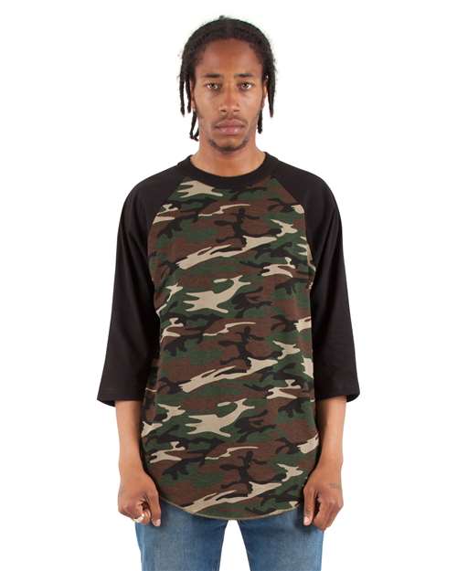 Unisex Three-Quarter Sleeve Camo Raglan T-Shirt - Camo Green/ Black Front