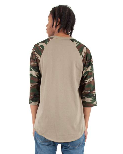 Unisex Three-Quarter Sleeve Camo Raglan T-Shirt - Olive/ Camo Green Back