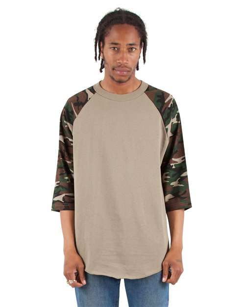 Unisex Three-Quarter Sleeve Camo Raglan T-Shirt - Olive/ Camo Green Front