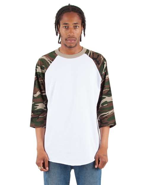 Unisex Three-Quarter Sleeve Camo Raglan T-Shirt - White/ Camo Green Front