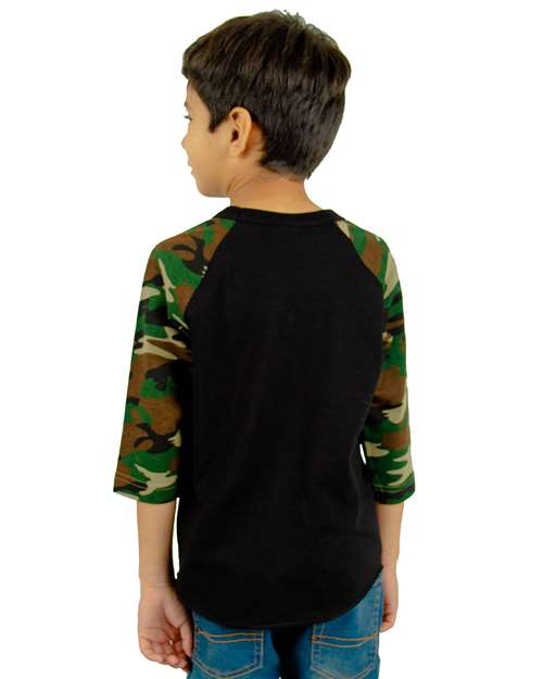Youth Three-Quarter Sleeve Camo Raglan T-Shirt - Black/ Camo Green Back