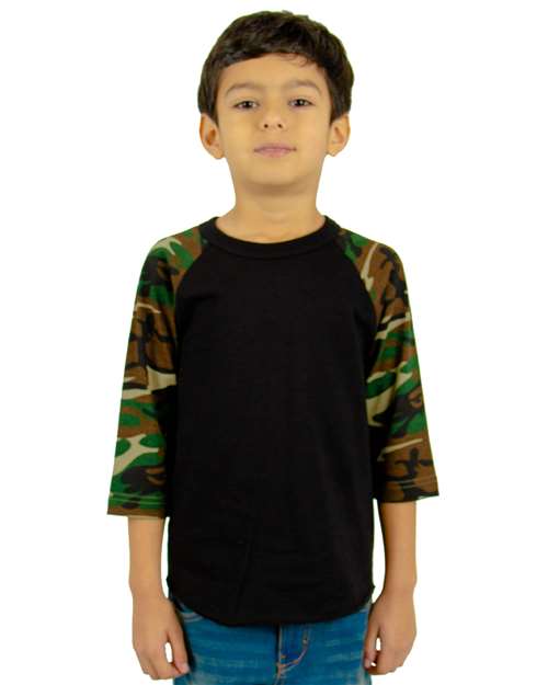 Youth Three-Quarter Sleeve Camo Raglan T-Shirt - Black/ Camo Green Front