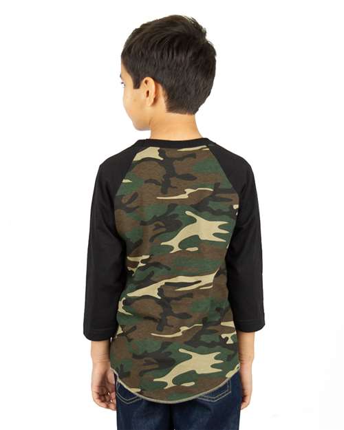 Youth Three-Quarter Sleeve Camo Raglan T-Shirt - Camo Green/ Black Back