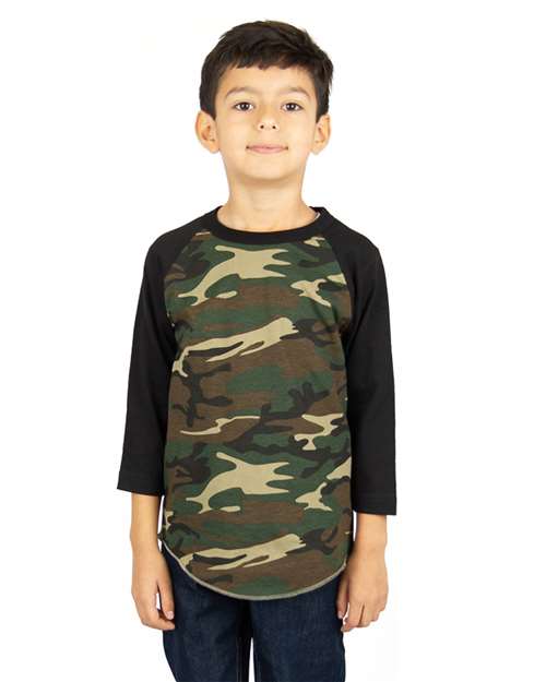 Youth Three-Quarter Sleeve Camo Raglan T-Shirt - Camo Green/ Black Front