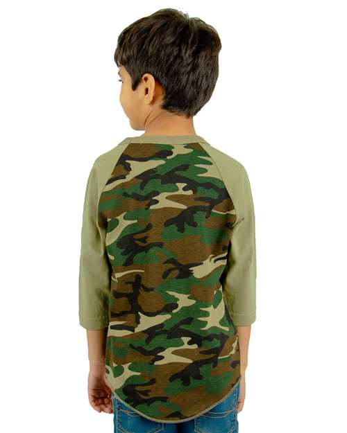 Youth Three-Quarter Sleeve Camo Raglan T-Shirt - Camo Green/ Olive Back