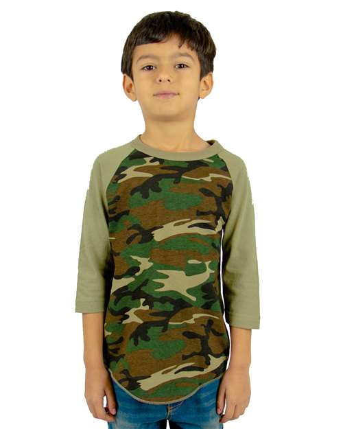 Youth Three-Quarter Sleeve Camo Raglan T-Shirt - Camo Green/ Olive Front
