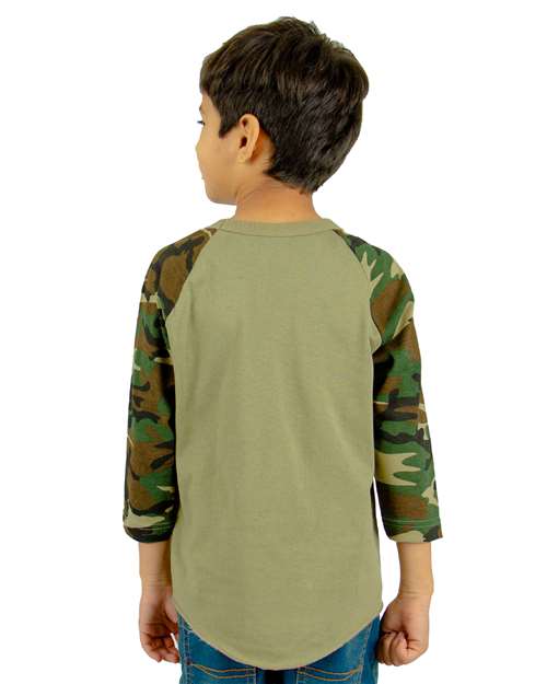 Youth Three-Quarter Sleeve Camo Raglan T-Shirt - Olive/ Camo Green Back