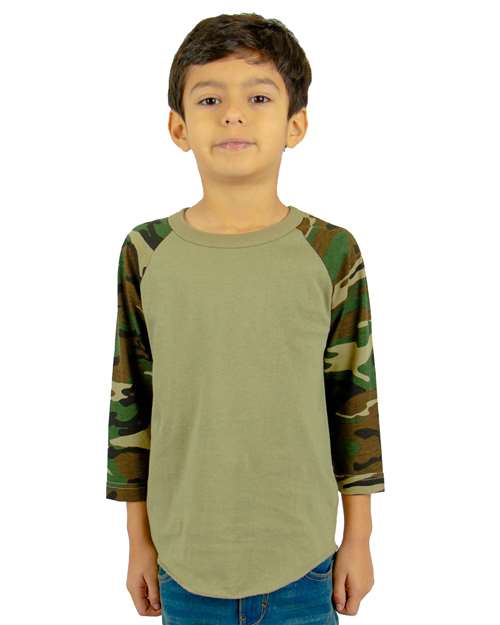 Youth Three-Quarter Sleeve Camo Raglan T-Shirt - Olive/ Camo Green Front