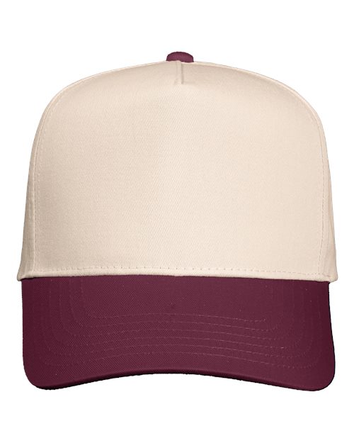 Five-Panel Twill Cap - Natural/ Maroon Front