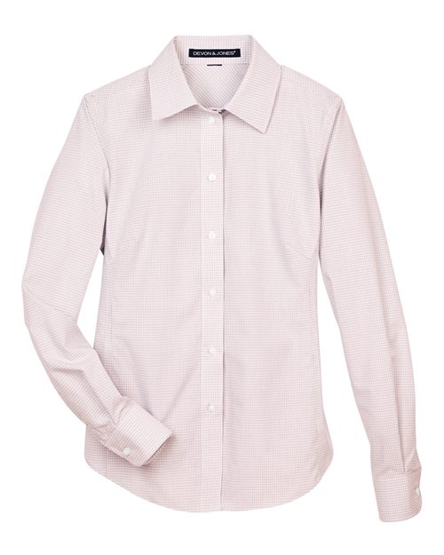 Women's Crown Collection® Micro Tattersall Woven Dress Shirt - White/ Burgundy/ Silver Front