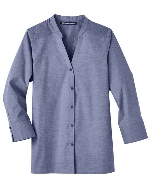 Women's Crown Collection® Stretch Pinpoint Chambra Three-Quarter Sleeve Shirt - Navy Front